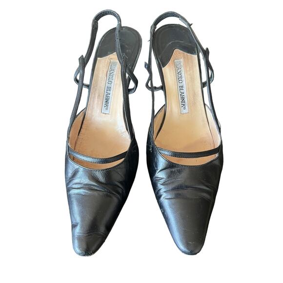Manolo Blahnik Black Leather Sling Back Kitten Heels, size 37.5, (US 7.5). - Picture 1 of 7